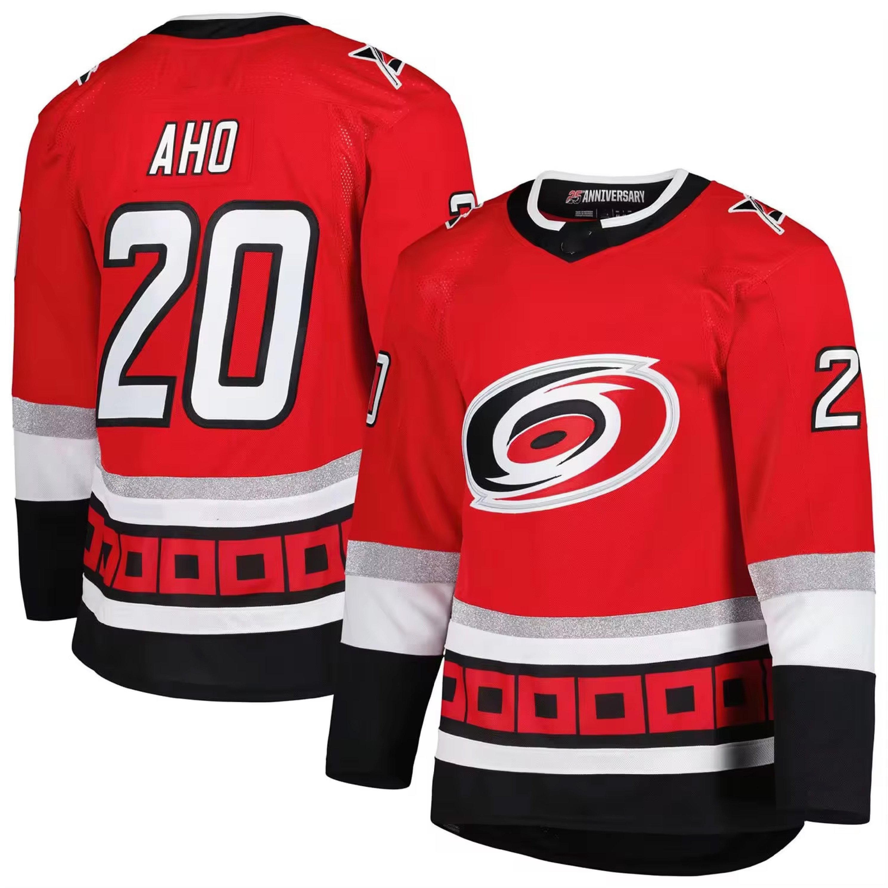 Men's Carolina Red 20 Sebastian Aho 37 Andrei Svechnikov 8 Brent Burns Top Quality Stitched Ice Hockey Jersey