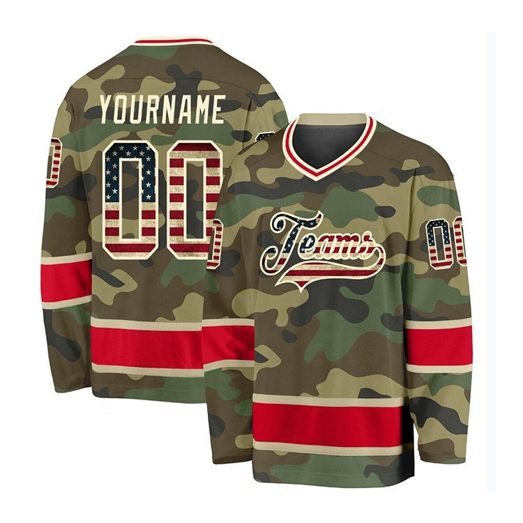 100% polyester team set camouflage custom tackle twill embroidery hockey jerseys