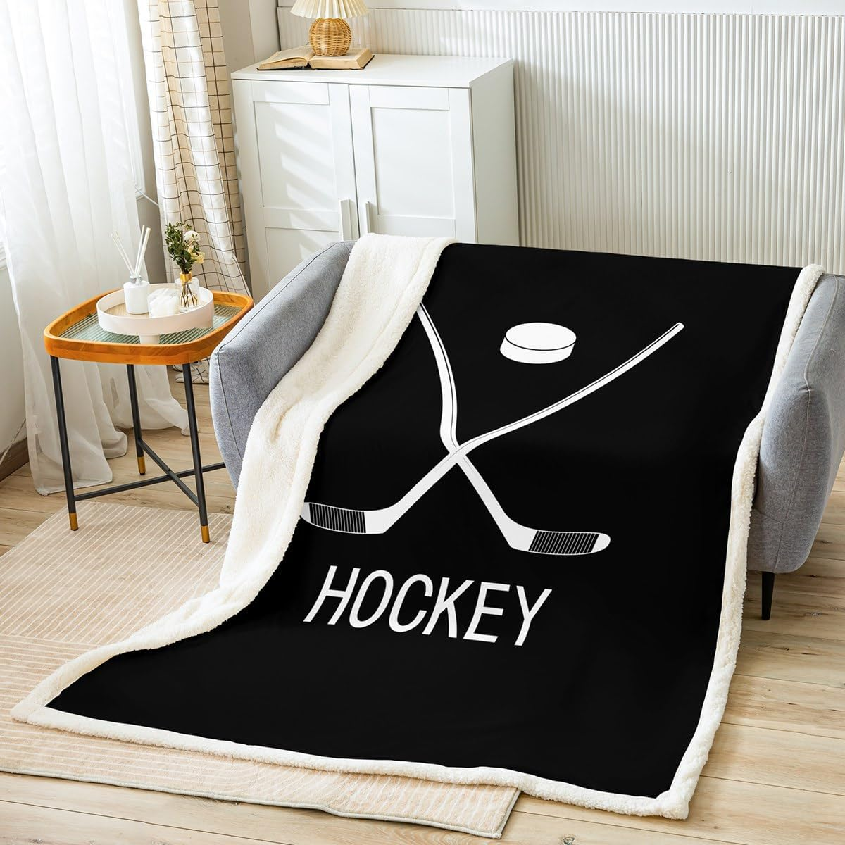 Ice Hockey Fuzzy Blanket Hockey Sports Event Fleece Throw Blanket for Bed Sofa Eat Sleep Hockey Sherpa Blanket Winter Sports