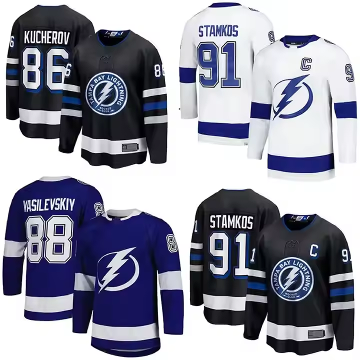 Tampa Bay men 86 Nikita Kucherov 91 Steven Stamkos 88 Andrei Vasilevski 21 Braden spot-stitched hockey jersey