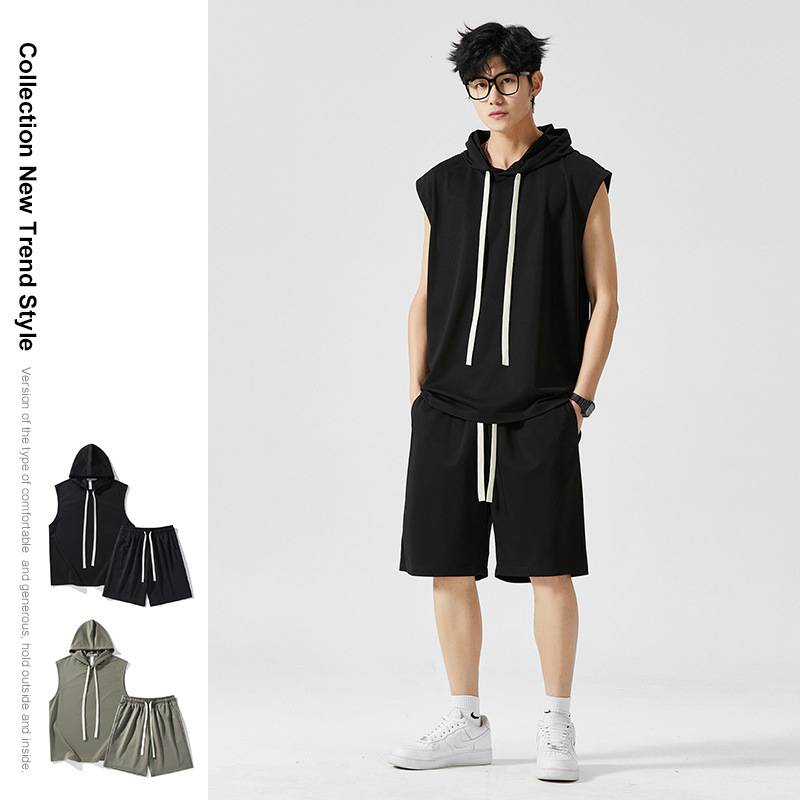 Powder Penguin Sports Set Men's Hooded Hooded Sleeveless Vests Summer Speed Running Fitness Basketball Men's Short