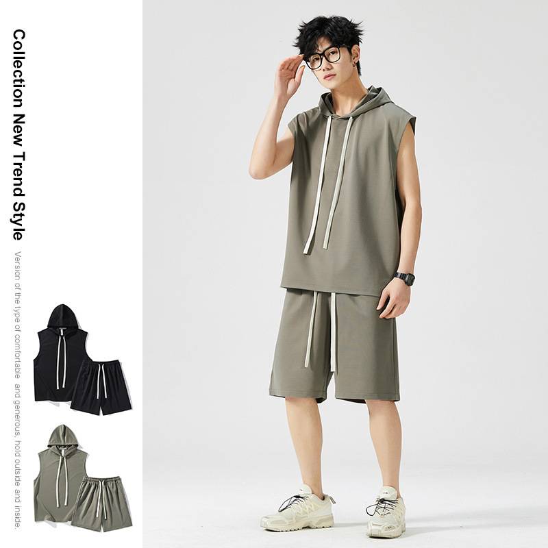 Powder Penguin Sports Set Men's Hooded Hooded Sleeveless Vests Summer Speed Running Fitness Basketball Men's Short