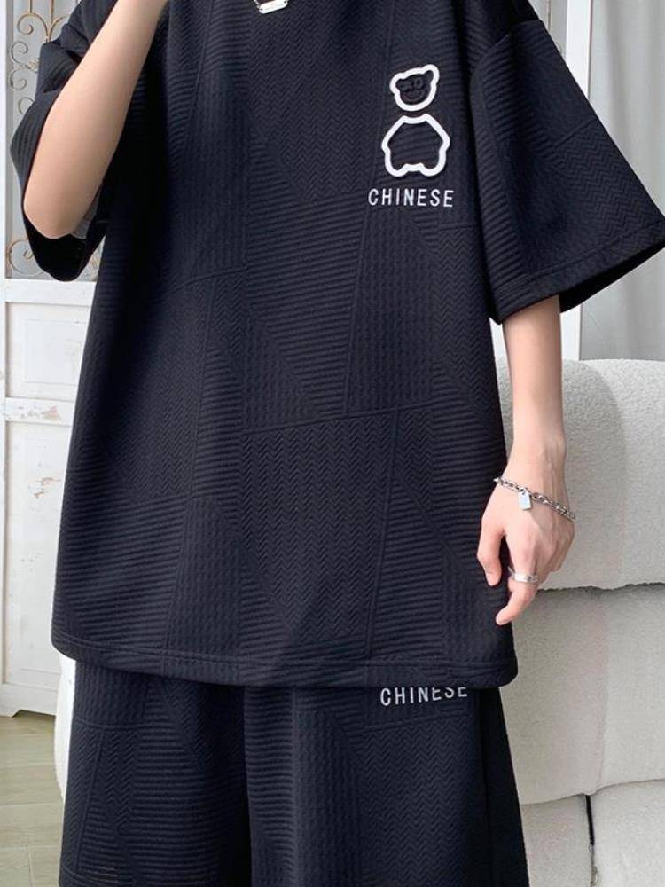 Porkic adaptation plus fertilizer to increase T -shirt men's summer loose short -sleeved shorts basketball uniforms a set of WalvG sports