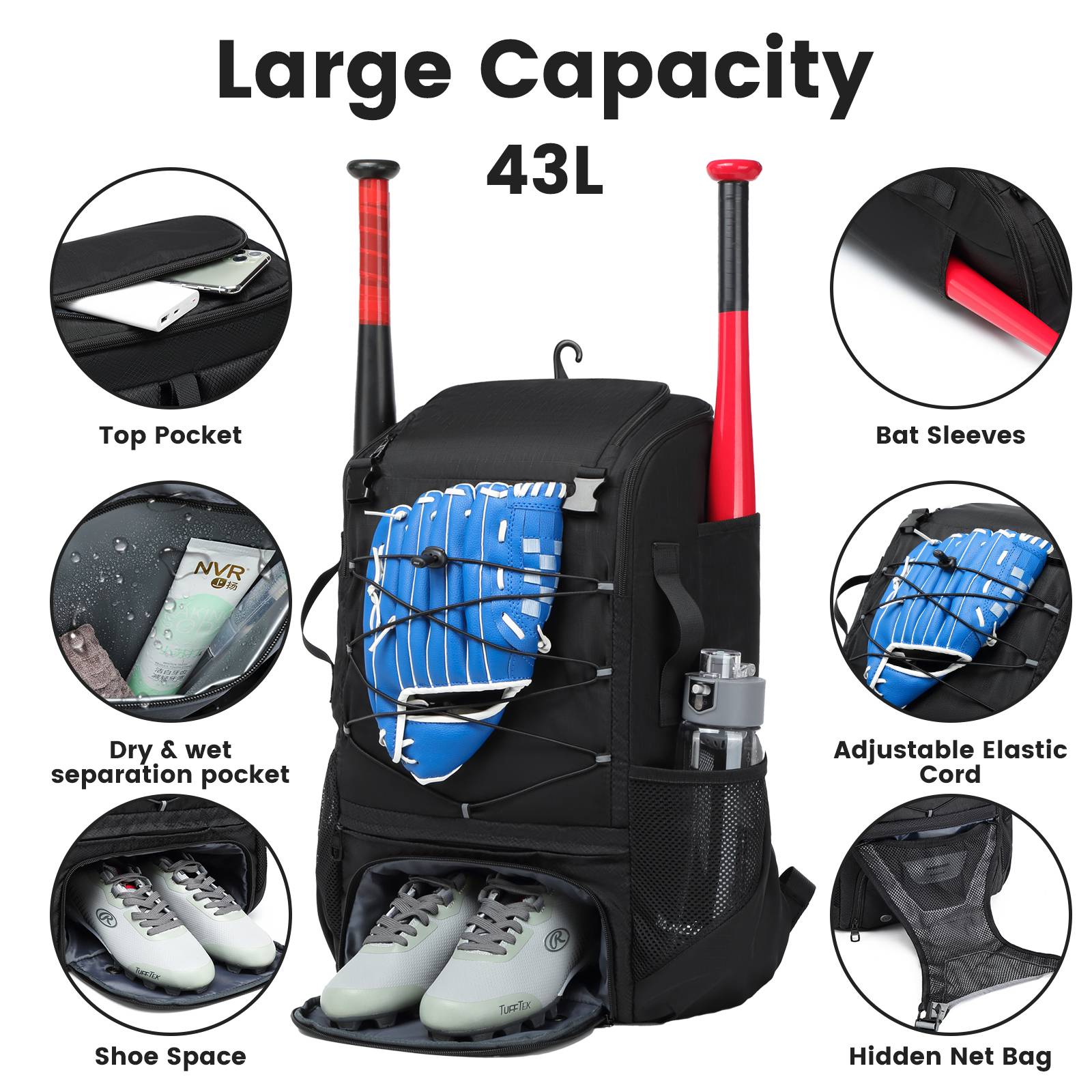 2024 new large -capacity American baseball backpack college student commute professional competition baseball bag waterproof outdoor outdoor bag