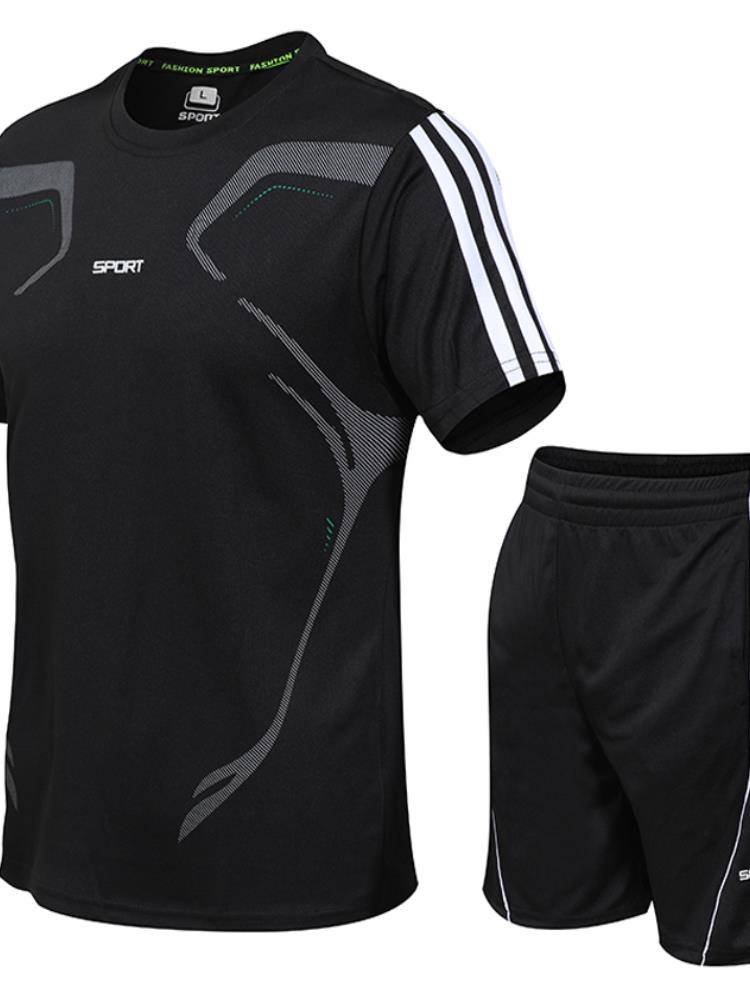 Powder Penguin Sports Two -piece Set Men's Summer Speed Dry Training Training Loose Large Basketball Fitness Short Sleeve