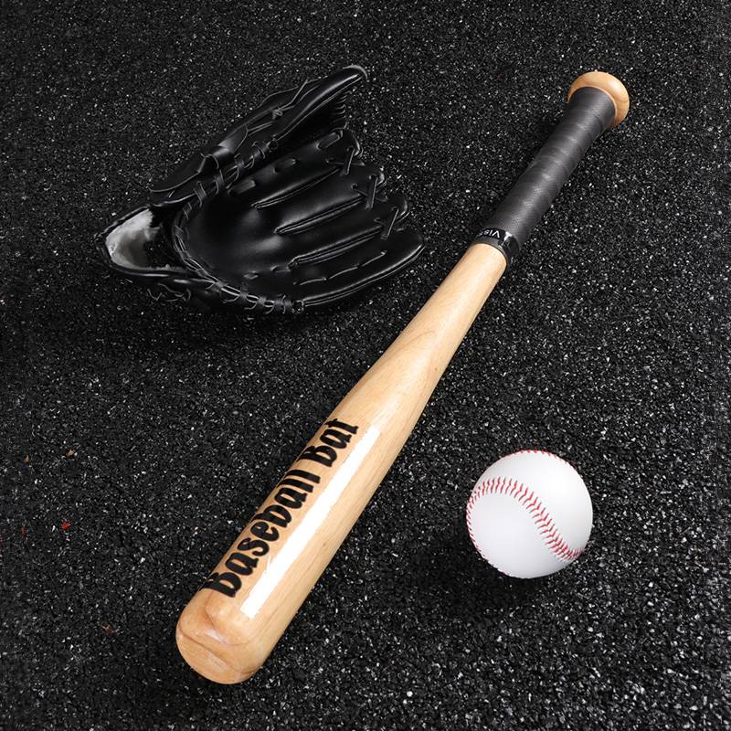 Solid wood baseball stick (black glove+ball)