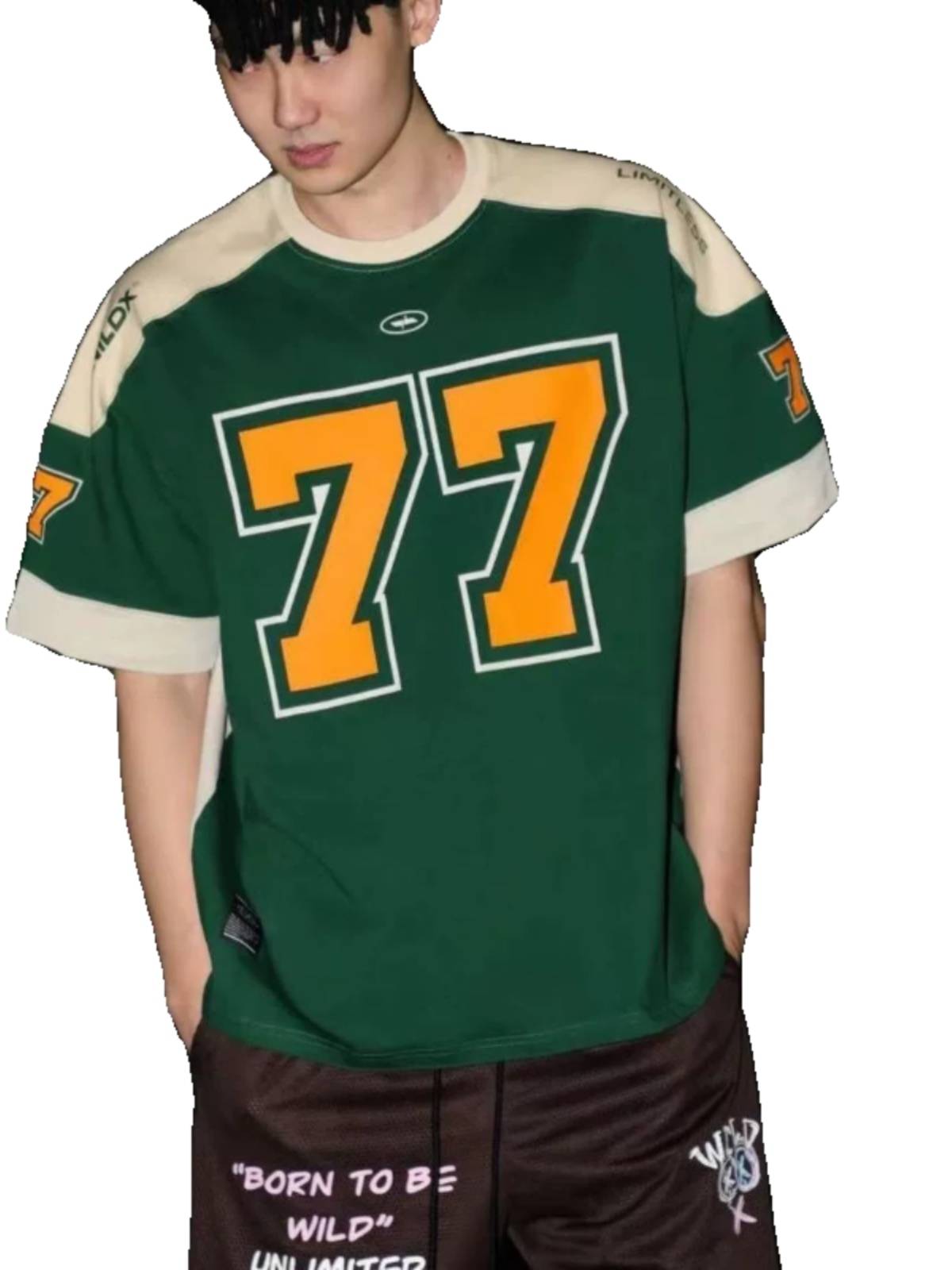 Increase the size of 300 pounds of American -style rugby sports short -sleeved T -shirt men's summer new stitching contrasting casual top