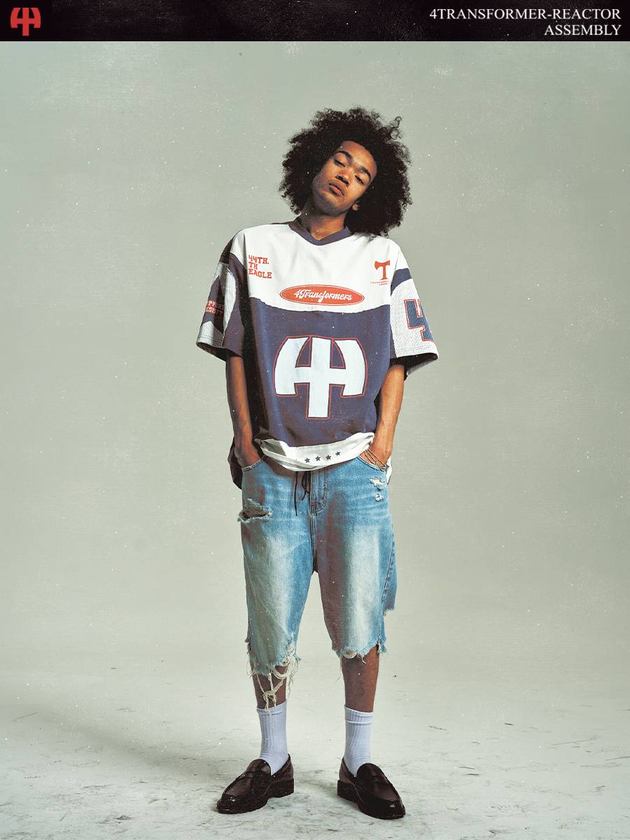 4TRA 24SS <44> Big logo network eye stitching wool rugby short -sleeved T -shirt
