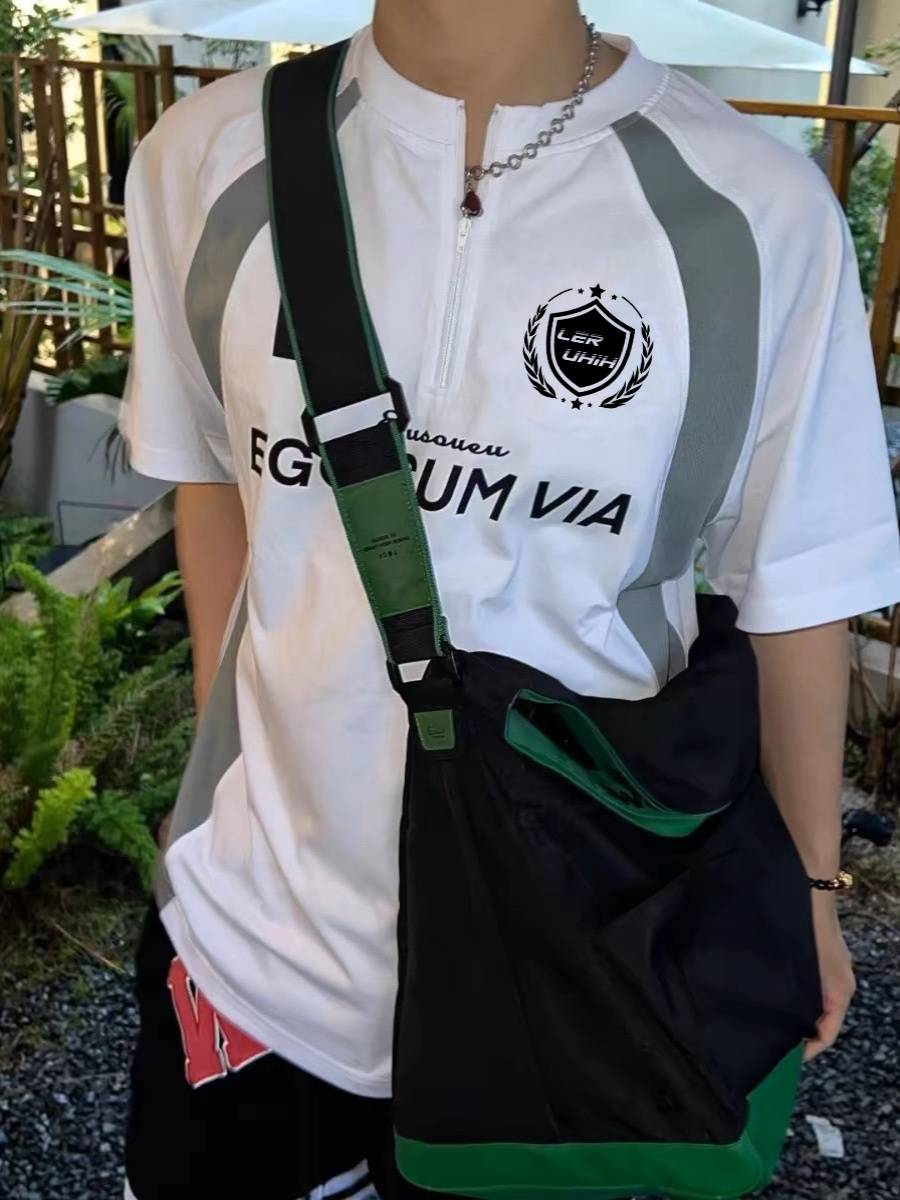 EGOSUMVIA American retro sports T -shirt football uniform short -sleeved rugby round neck zipper stitching design