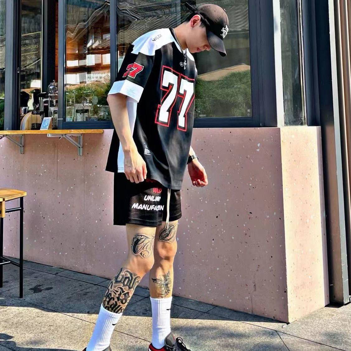 23 77 ice hockey short -sleeved American basketball hip -hop jersey T -shirt retro sports stitching casual rugby uniform