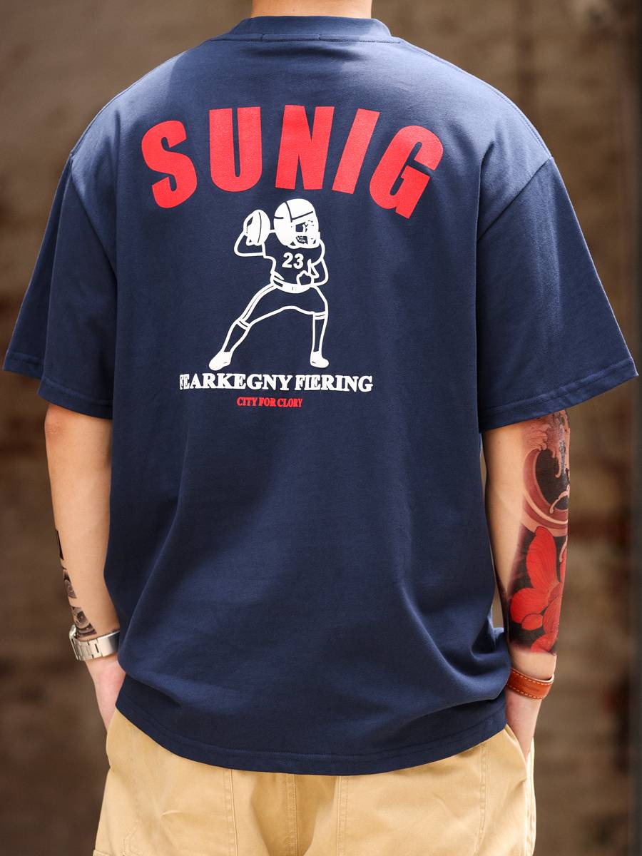 BGYO American Retro letters rugged embroidery Print Short -sleeved T -shirt Men's Round Leading Cotton TEE