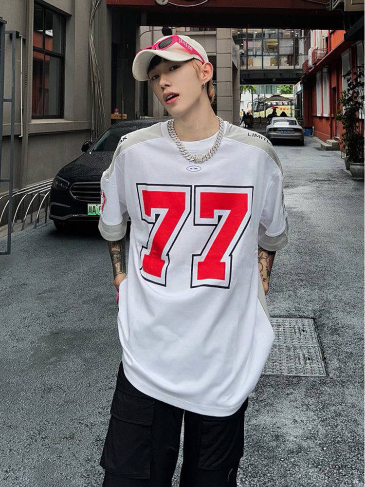 American retro stitching racing suit T -shirt men's tide brand high street motorcycle jersey short sleeve Vintage olive ice hockey clothing
