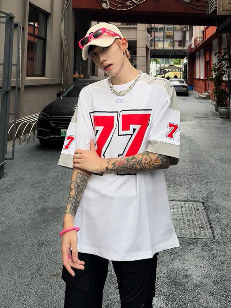 American retro stitching racing suit T -shirt men's tide brand high street motorcycle jersey short sleeve Vintage olive ice hockey clothing