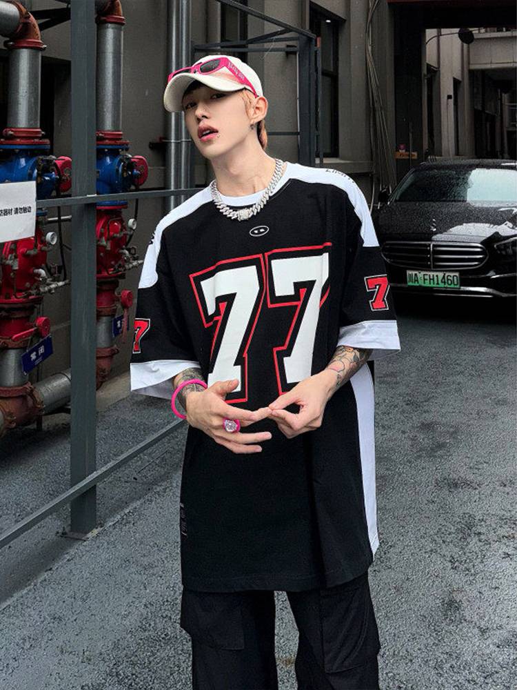 American retro stitching racing suit T -shirt men's tide brand high street motorcycle jersey short sleeve Vintage olive ice hockey clothing