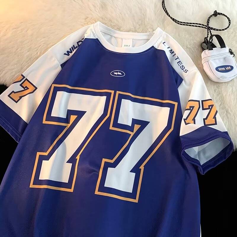 European and American style ice hockey short -sleeved T -shirt men's summer retro sports high street casual rugby uniform basketball autumn clothes