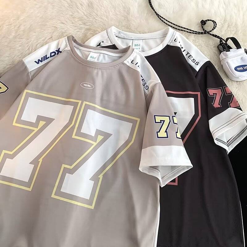 European and American style ice hockey short -sleeved T -shirt men's summer retro sports high street casual rugby uniform basketball autumn clothes