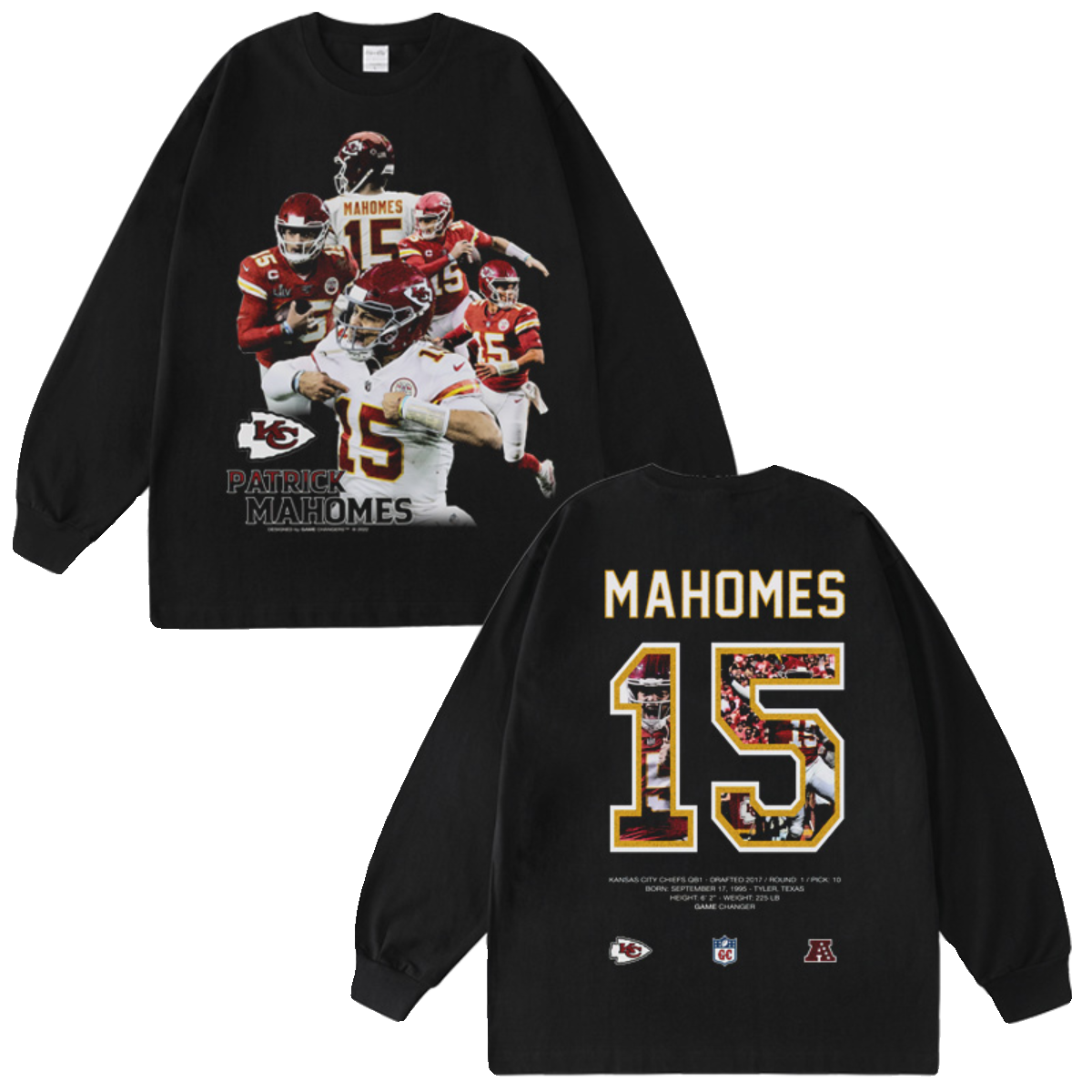 NFL rugby Marhoms Patrick Mahomes American retro street heavy water washing long short sleeves