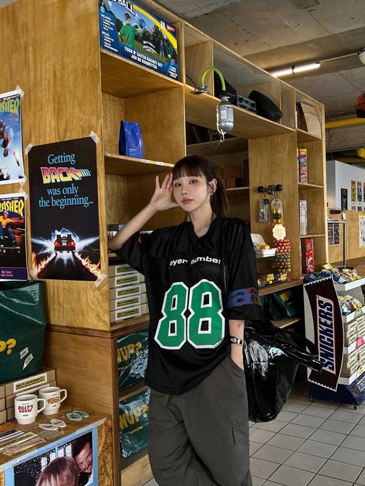 No. 88 American retro network printed rugby jersey short -sleeved T -shirt female summer new loose large size top