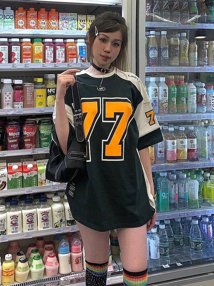 American sports stitching half -sleeved T -shirt female summer retro leisure rugby uniform T -shirt loose and breathable basketball top