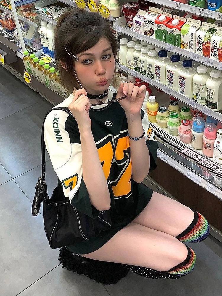 American sports stitching half -sleeved T -shirt female summer retro leisure rugby uniform T -shirt loose and breathable basketball top