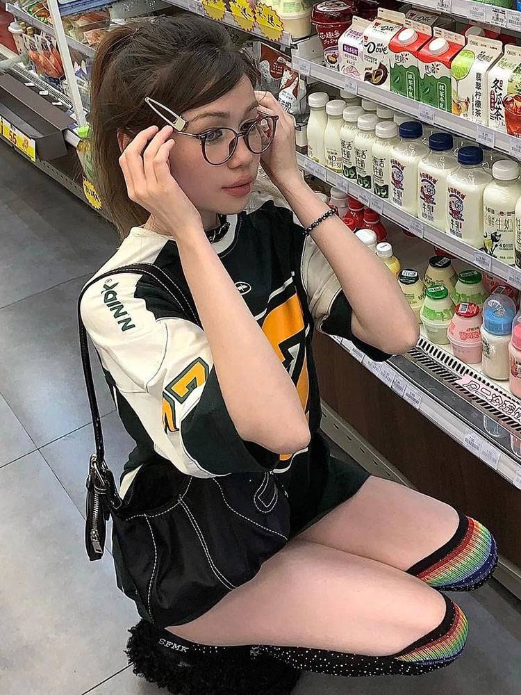 American sports stitching half -sleeved T -shirt female summer retro leisure rugby uniform T -shirt loose and breathable basketball top