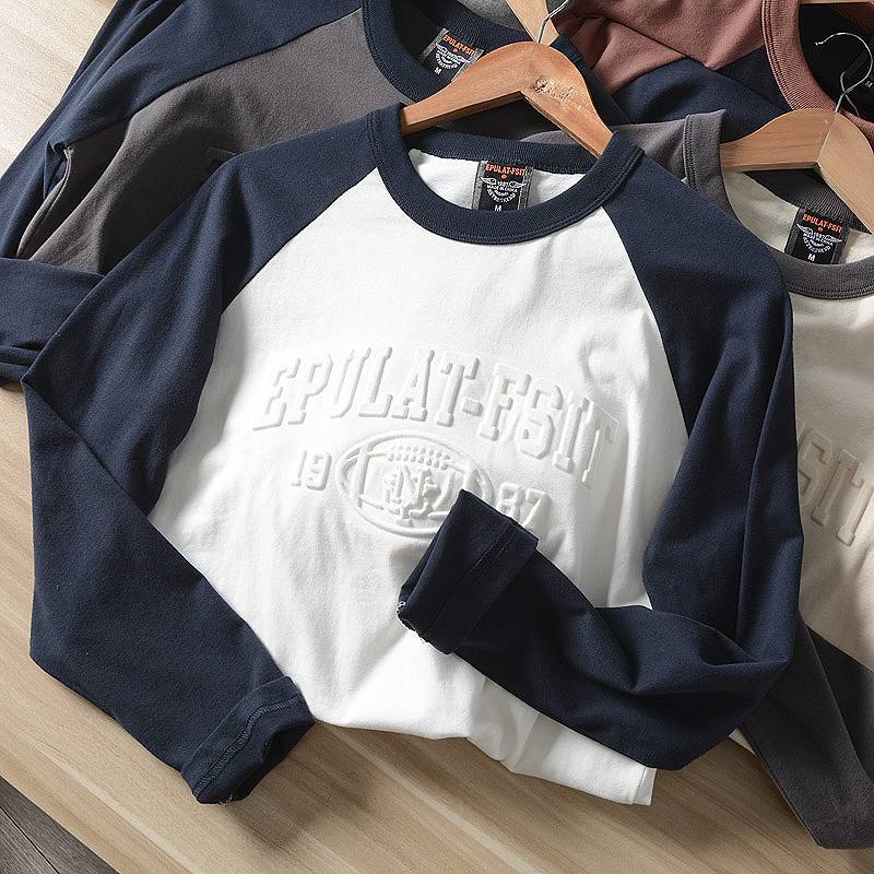 American leisure NY rugby three -dimensional relief, colorful shoulder sleeves, cotton water, grinding grinding long sleeve round neck T -shirt men