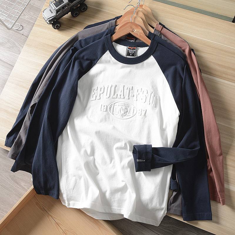 American leisure NY rugby three -dimensional relief, colorful shoulder sleeves, cotton water, grinding grinding long sleeve round neck T -shirt men