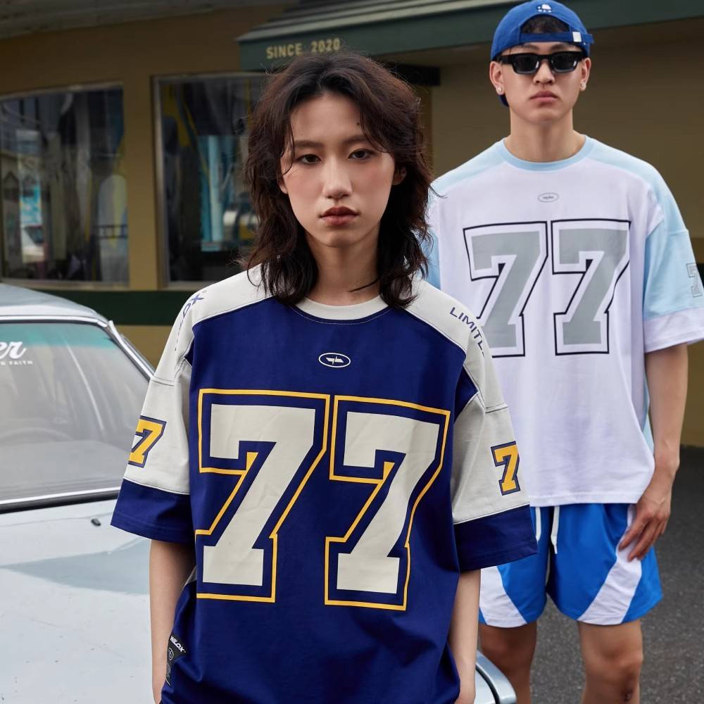Extra 300 catties of short -sleeved American retro sports stitching casual olive clothes basketball ice lacper T -shirt men and women