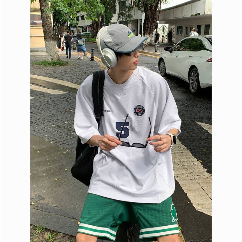 Rugby clothing short -sleeved men's high -level sense of handsome and handsome summer vintage ice hockey clothing small neckline heavy T -shirt seven -point sleeve