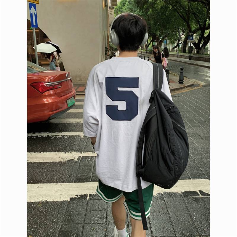 Rugby clothing short -sleeved men's high -level sense of handsome and handsome summer vintage ice hockey clothing small neckline heavy T -shirt seven -point sleeve