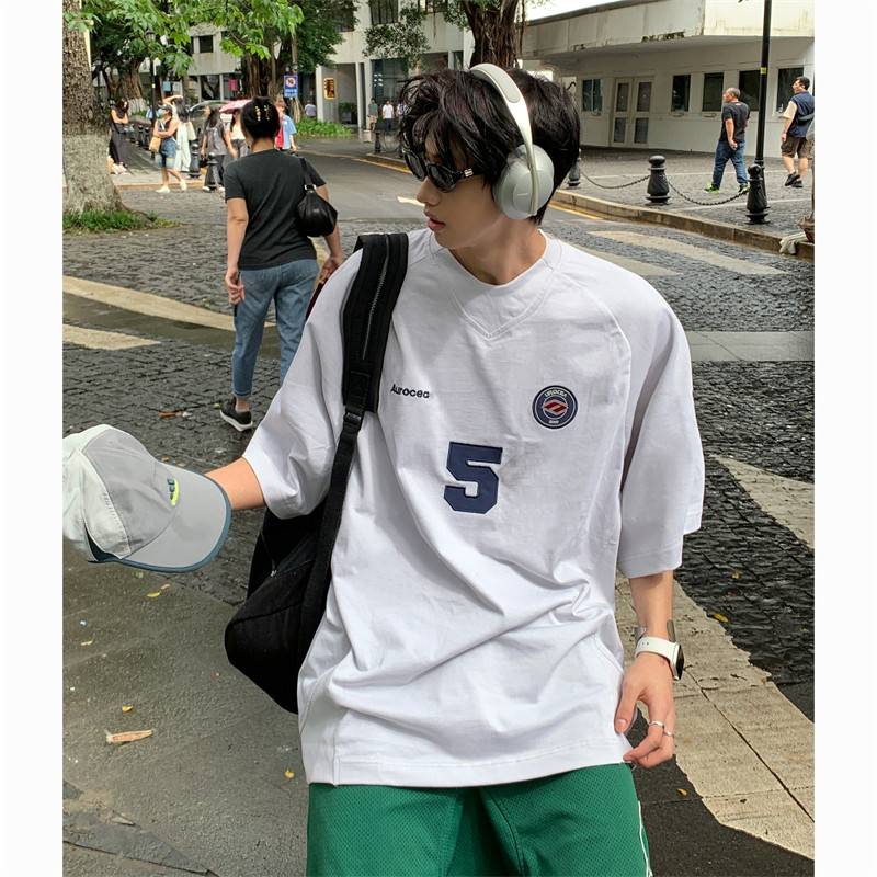 Rugby clothing short -sleeved men's high -level sense of handsome and handsome summer vintage ice hockey clothing small neckline heavy T -shirt seven -point sleeve