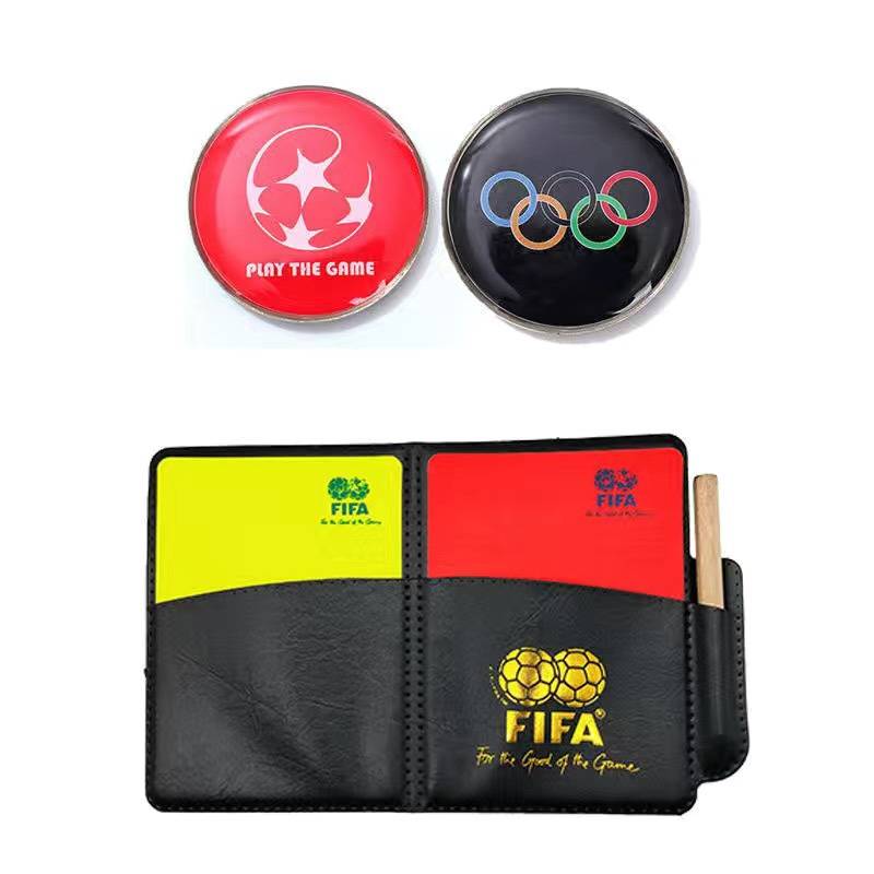 Soccer referee's red yellow hand and pen, yellow red picker whistle suit, professional referee's package
