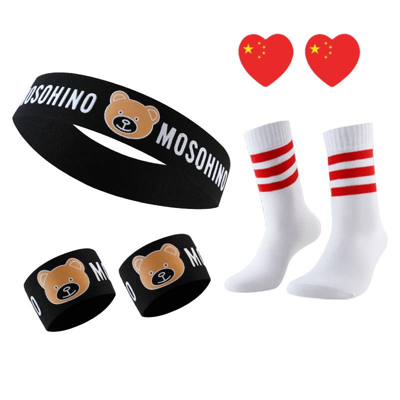 Bear black headscarf 1+ wrist care 2+ red border socks