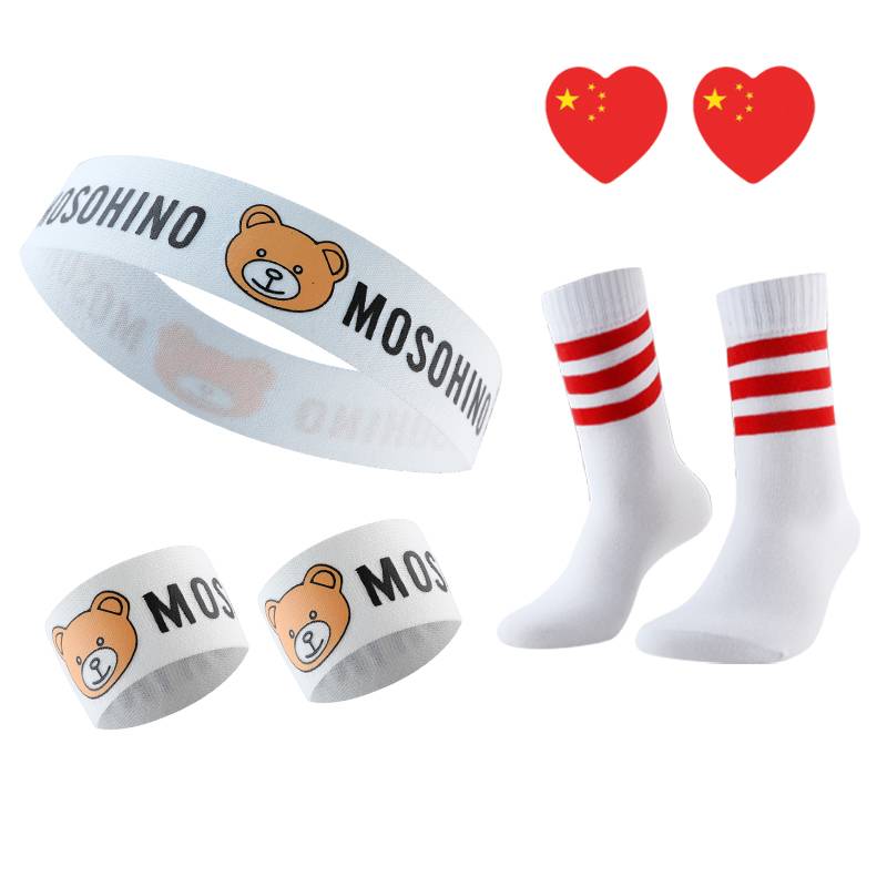Bear white headscarf 1+ wrist care 2+ red border socks