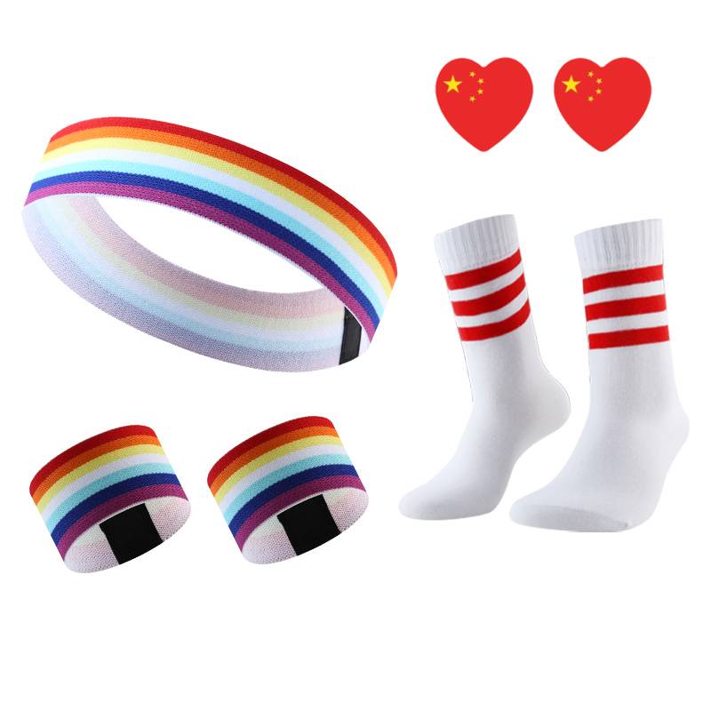 Rainbow headscarf 1+ wrist 2+ red border socks