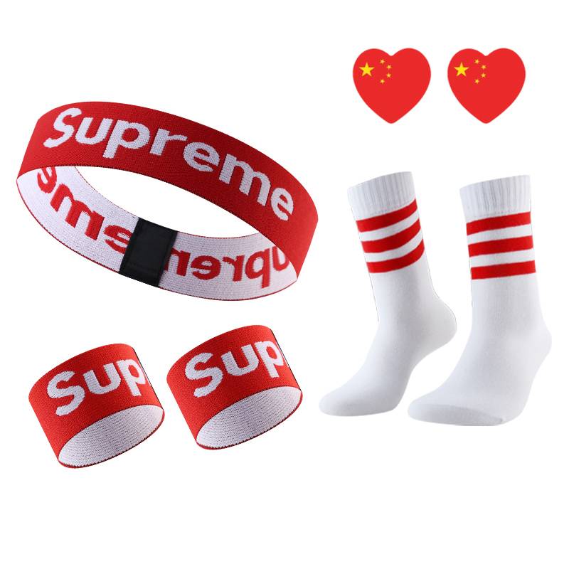 Supreme-red headscarf 1+ wrist care 2+ red border socks