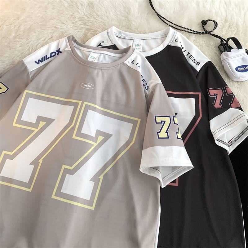 American retro sports ice hockey short -sleeved T -shirt men's summer tide brand hip -hop stitching casual loose jersey
