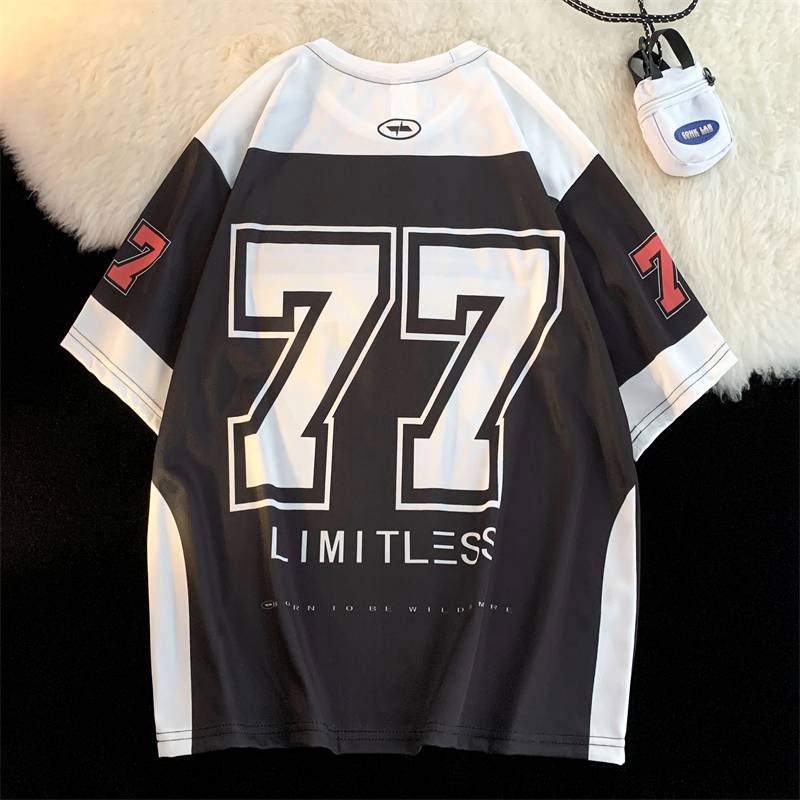 American retro sports ice hockey short -sleeved T -shirt men's summer tide brand hip -hop stitching casual loose jersey