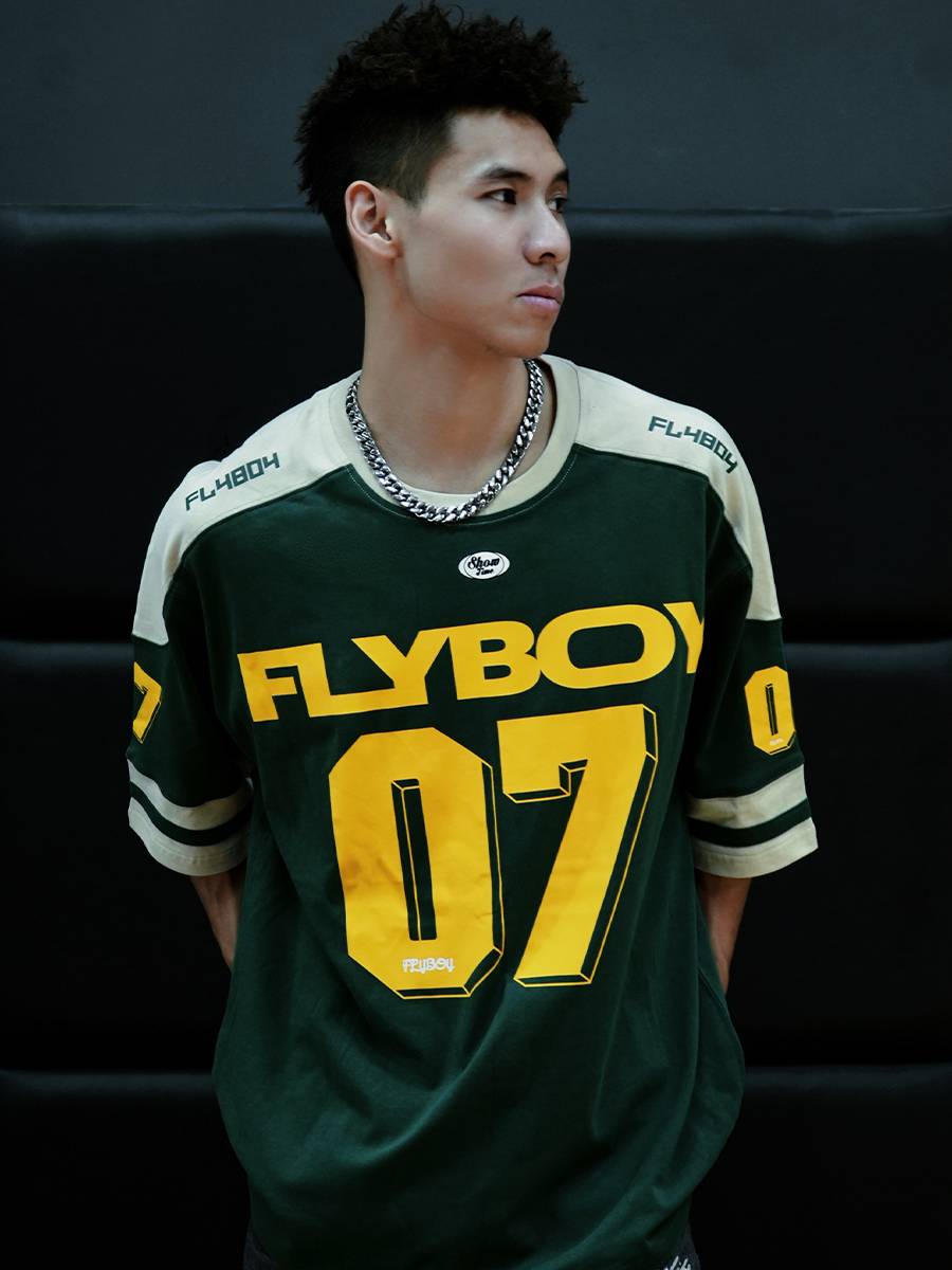 Flyboy Hu Laobo American retro heavy pound 320g short -sleeved T -shirt men splicing collision pornographic rugby uniform