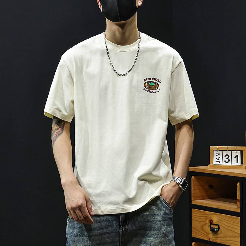 American rugby printing heavy cotton short -sleeved T -shirt Men's summer new loose round libra shirt
