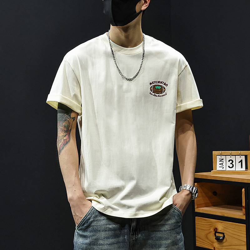 American rugby printing heavy cotton short -sleeved T -shirt Men's summer new loose round libra shirt