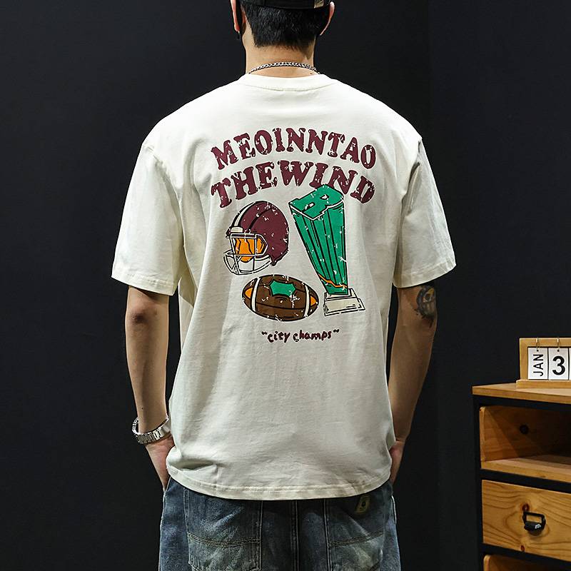 American rugby printing heavy cotton short -sleeved T -shirt Men's summer new loose round libra shirt