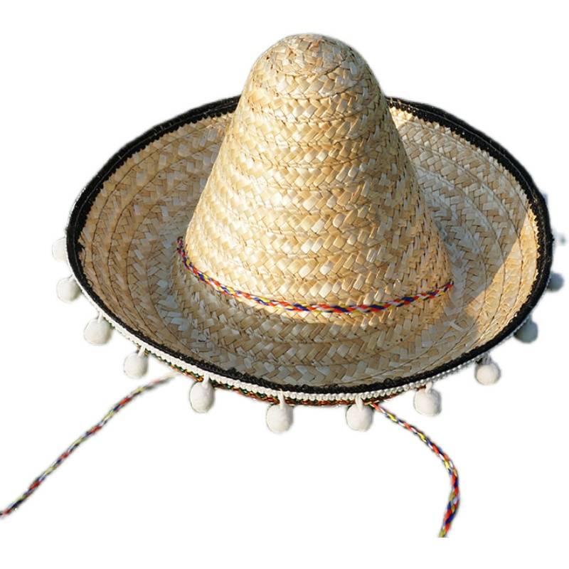 Children's performance props Mexican grass hat adult parent -child Halloween party color white ball high top roll hat