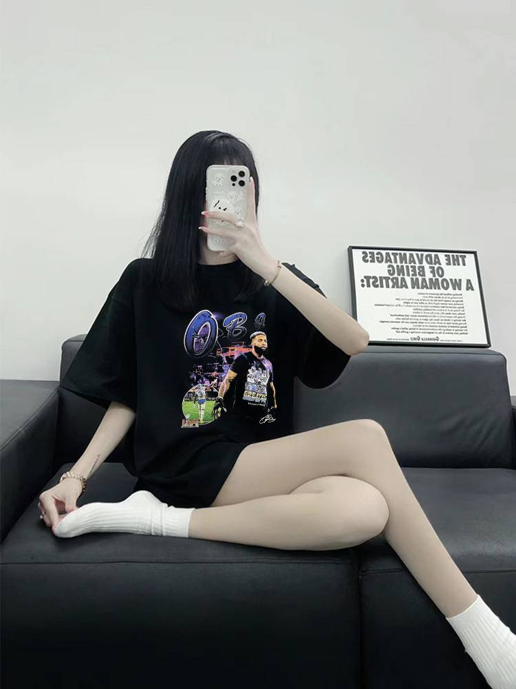 NFL star rugby American retro small neckline loose men and women short long -sleeved T -shirt vintage cotton