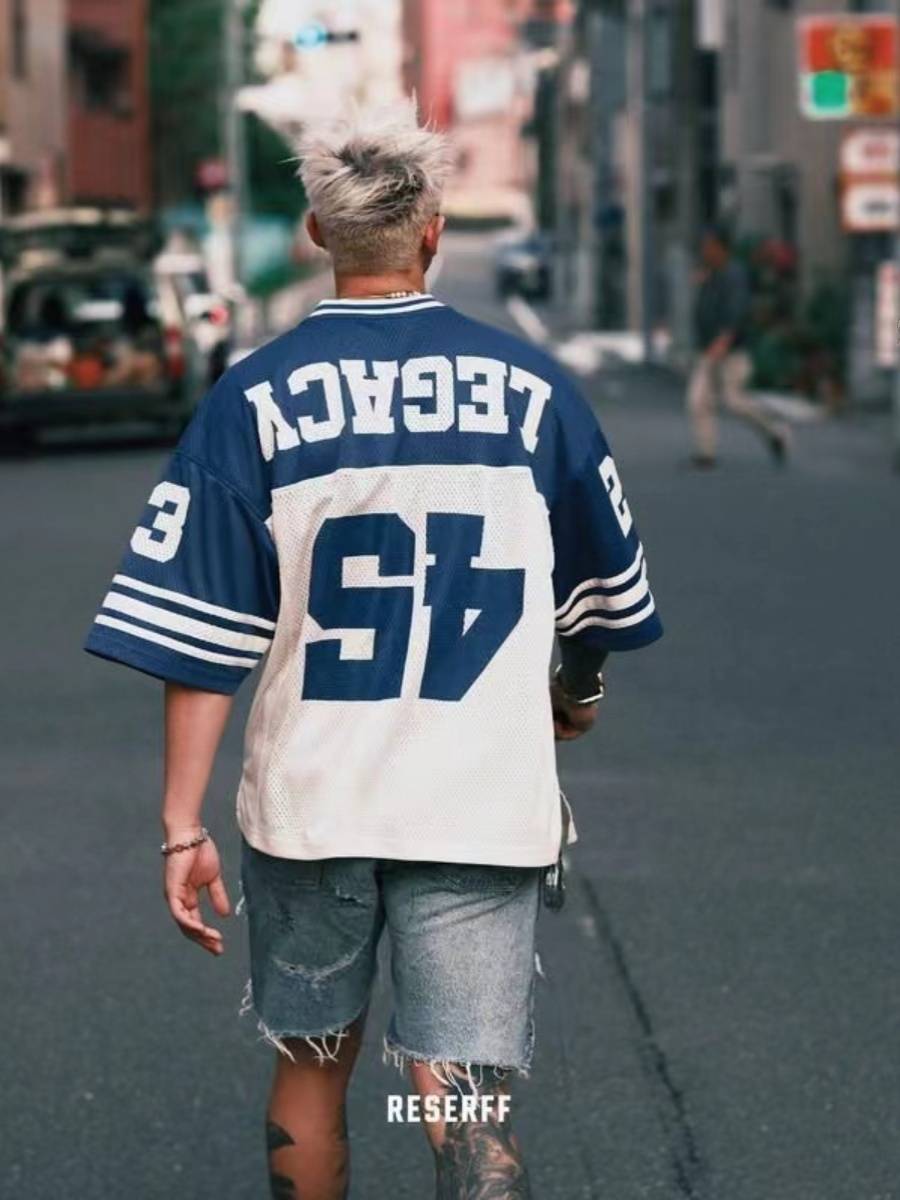American leisure retro summer new legendary return structure net eye football uniform short -sleeved T -shirt national tide