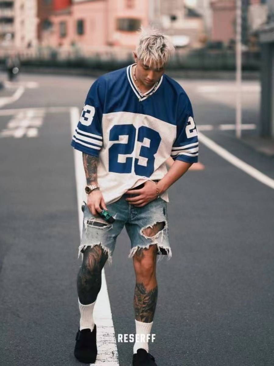 American leisure retro summer new legendary return structure net eye football uniform short -sleeved T -shirt national tide