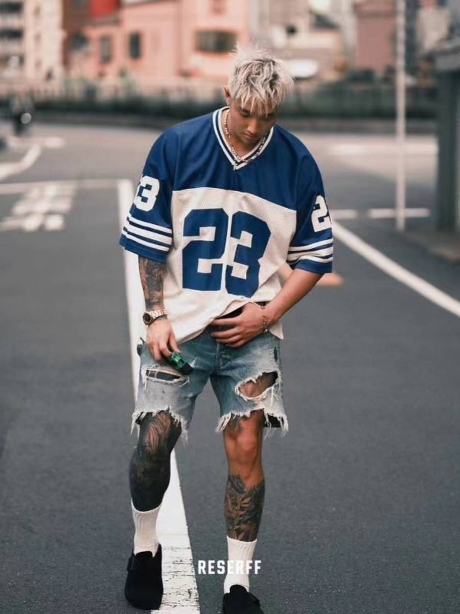 American leisure retro summer new legendary return structure net eye football uniform short -sleeved T -shirt national tide