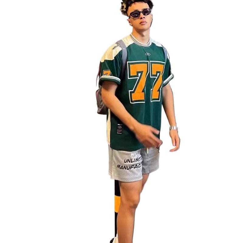 American ice hockey short -sleeved T -shirt men's loose casual retro sports rugby uniform hip -hop jersey basketball shirt