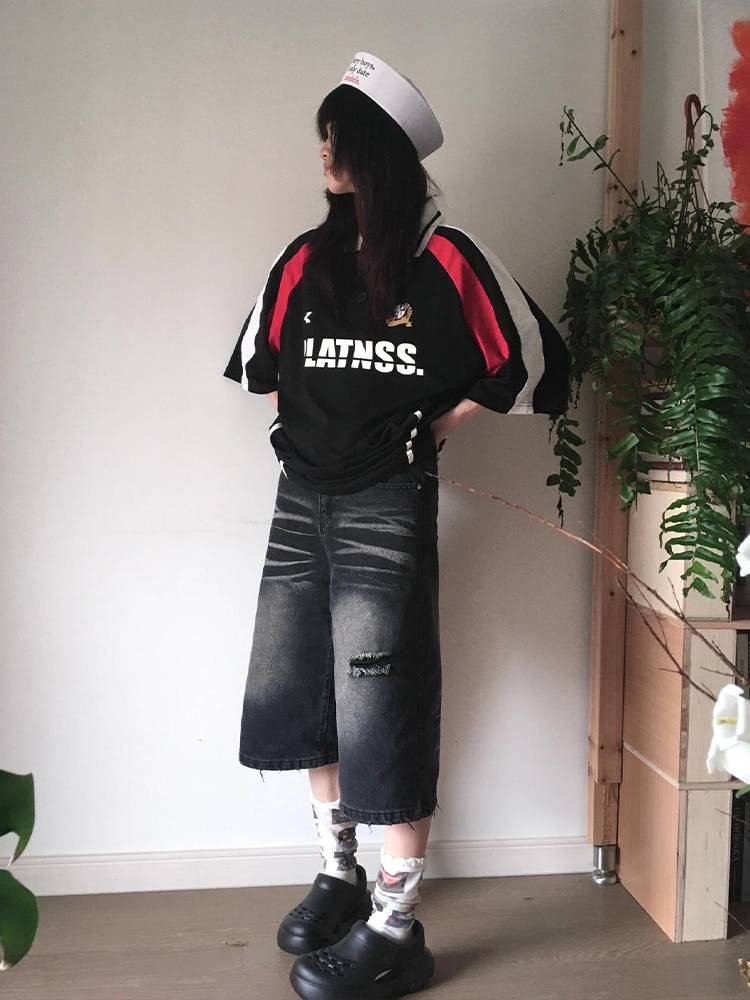 American retro T -shirt women summer POLO shirt rugby jersey short sleeve oversize loose shoulder sleeve top
