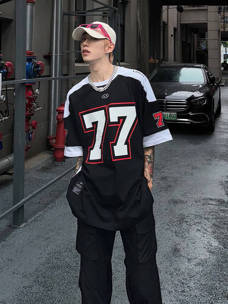 American retro jersey short -sleeved men's heavy T -shirt high -level sense handsome trendy brand trend moisturizer olive ice hockey clothing